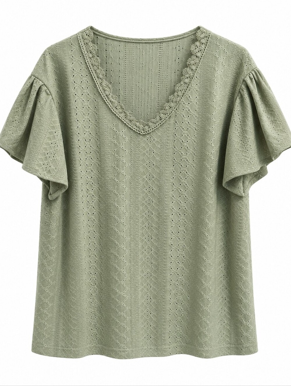 Sage Eyelet Lace Trim Flutter Sleeve Top